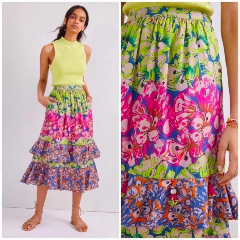 Anthropologie Roopa Pemmaraju Villa Tiered Midi Skirt. Size S